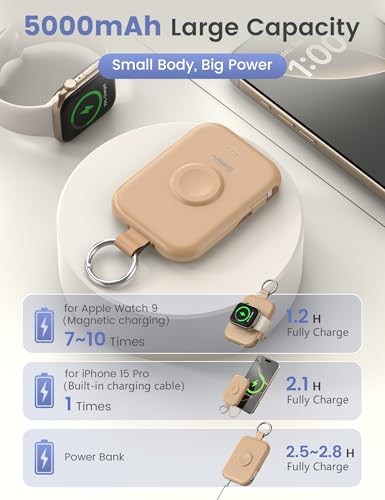 Image of RORRY CharmGo Portable Charger, 5000mAh Portable Charger Power Bank with Built-in Cables, Travel Keychain Battery Pack for Apple Watch and iPhone Air /17 /16 /15 /14 /13 /12, Honey Beige