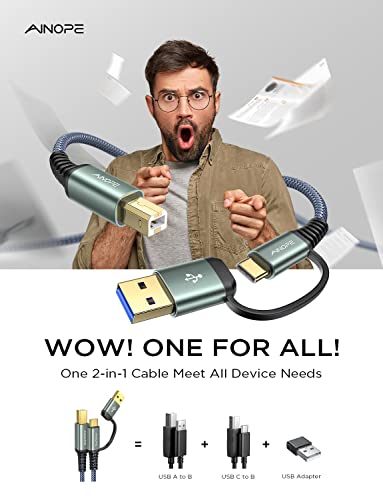 Ainope Printer Cable, Usb C Printer Cable [Plug And Play] Usb A/C To Usb-B 2.0, New-Nylon Braided Never Rupture Printer Cable To Usb For Hp, Canon, Epson,Dell, Brother, Yamaha Piano Midi Controller #TOP1