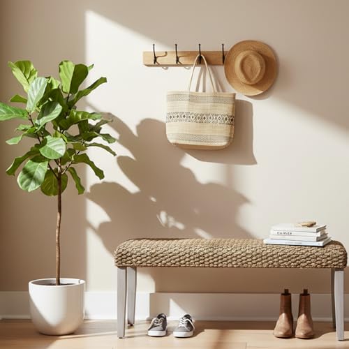 Image of Solid Wood Acacia Indoor Bench with Natural Woven Water Hyacinth Seat, Wood Bench for Living Room or Entryway, Vintage Bench, Fishbone Style, Plait Style with Grey Leg