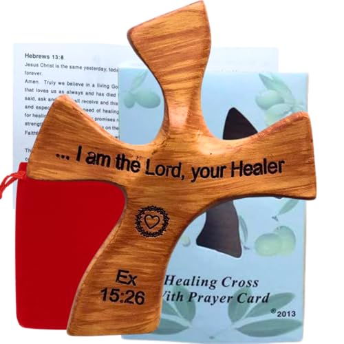 Holy Land Market Healing Cross Handheld Palm Prayer Cross with Exodus 15:26 Verse Gift Box Velvet Pouch & Prayer Card Comfort Cross Gift for Healing Get Well Sympathy (4.5 x 3.6 in Brown Wood Resin)