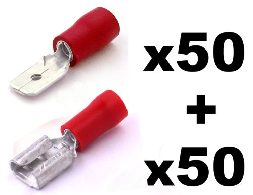 Cosse Electrique Plate 6.3 mm Rouge - 50x Male et 50x Femelles (Pour fils jusqu'à 0.4mm to 1mmu00b2) - LIVRAISON GRATUITE!