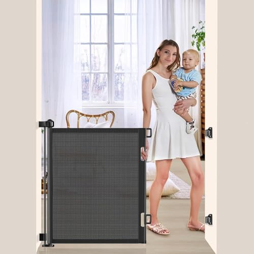 Retractable Baby Gates Extra Wide Baby Safety Gate for Large Opening Extra Long Mesh Gate for Kids or Pet Dog Gate Child Safety Gate for Stairs Hallways Doorway Indoor Outdoor (Black 150 cm)