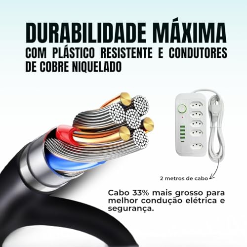 Filtro de Linha com 5 Tomadas, 4 Portas USB, 1 USB Tipo-C, Cabo de 2m Extensão de Tomadas Suporte a