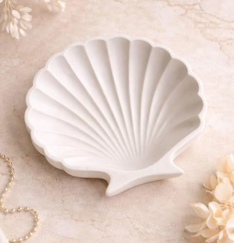 Image of Aesthetic Handmade Small Shell Trinket Tray Handmade | Jewelry Organizer | Vanity Tray for Women | Minimalist Home Decor, Candle Holder & Multipurpose - (10 x 10 cm)