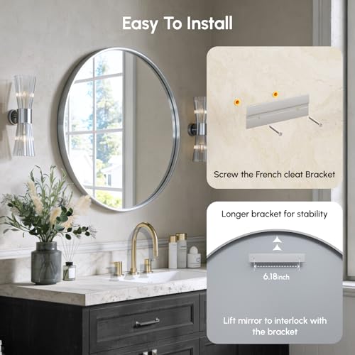 Image of 30 Inch Brushed Nickel Round Bathroom Mirror for Over Sink | Circle Mirror with Aluminum Frame, Wall Mirror for Vanity, Entryway, Living Room, Hallway and Bedroom Decor