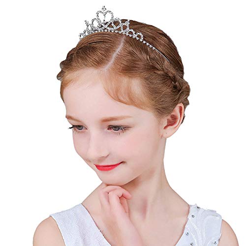 Wedding Party Children Flower Girl Crystal Rhinestones Heart Shaped Crown Headband Tiara for Girls and Bridal,Cute Princess(Silver)