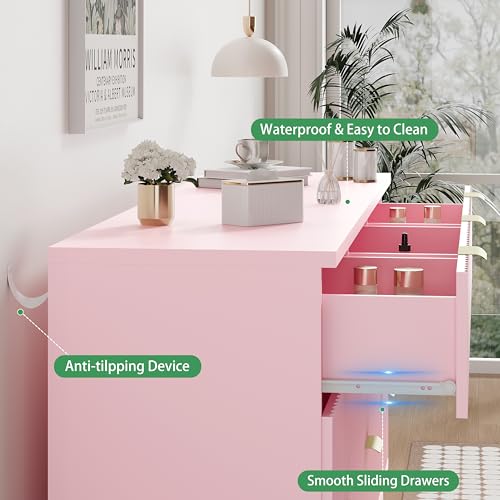 Image of Xixini Fluted Dresser for Bedroom with 9 Drawers, 57 inch Wide Modern Chest of Drawers with Metal Handle, Wooden Dresser TV Stand, Wood Closet Clothes Storage Organizer for Living Room, Hallway, Pink