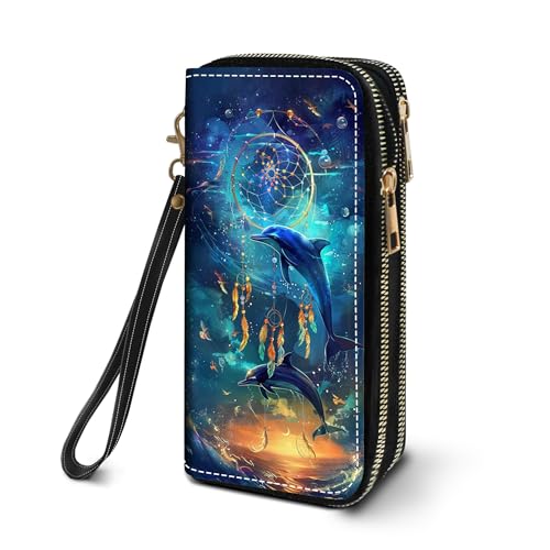 Women's Large Capacity Wallet PU Leather Double Zipper Clutch Purse Multifunctional Wallet with Removable Wristlet Strap for Smart Phone/Coin/Card/Cash, Dream Catcher Dolphin