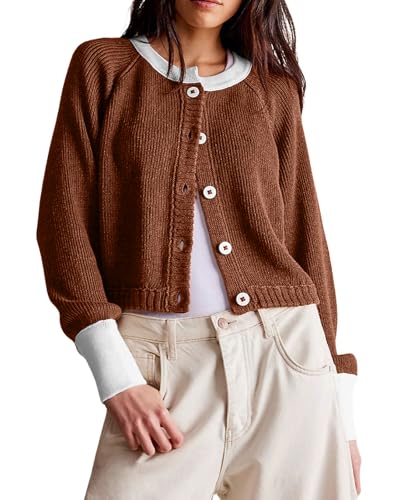Image of loveimgs Women Knitted Button Down Cropped Cardigan Jacket Sweater Y2k Fall Knit Color Block Sweater Crewneck Crop Short Coat
