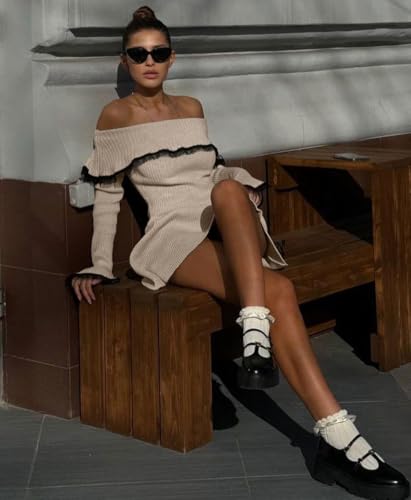 Image of chouyatou Women's Off The Shoulder Bell Long Sleeve Sweater Mini Dress Lace Trim Bodycon Ribbed Knit Sweater Dress