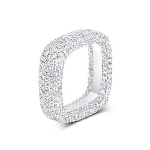 MDFUN 18K White Gold Plated Iced Out Engagement Promise Wedding Eternity Square Ring for Women Men, Sparkling Cubic Zirconia Rings 8mm Width Size 5-10.5