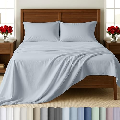 Image of California Design Den King Size Sheets Set Deep Pockets Bedding - 500 Thread Count Sateen, 100% Cotton, Mist Blue King Sheets Bedding Set with All Around Elastic for a Snug Fit - Silver Mist Blue