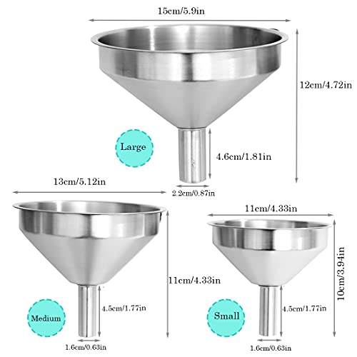Weymier Metal Funnels For Kitchen Use With 1 Removable Strainer 3 Pcs Food Grade Stainless Steel Funnels For Filling Bottles Transfer (4.33" 5.12" 5.9") #TOP1