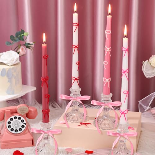 Conelist 12 Set Pink Bow Taper Candles Coquette Birthday Decoration