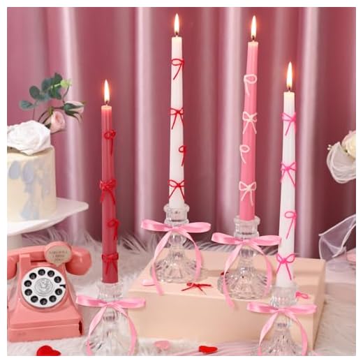 Conelist 12 Set Pink Bow Party Suppies Pink Bow Candles Valentine Taper Candles Sticks with 3 Colors Wax Sticks Wedding Dinner Decor for Valentines Birthday Decor Galentines Day Gifts for Women