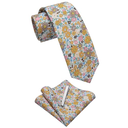 Image of YourTies Cotton Floral Tie for Men 2.5 inch Printed Skinny Necktie Pocket Square Tie Clip Set Flower Wedding Party Groom