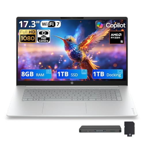 Image of HP OmniBook 3 17.3 inch FHD Business Laptop, AMD Ryzen 5 40, 8GB RAM, 2TB Storage (1TB SSD+1TB Docking Station Set), AMD Radeon 610M, FHD Camera, Copilot, Wi-Fi 7, Windows 11, Glacier Silver