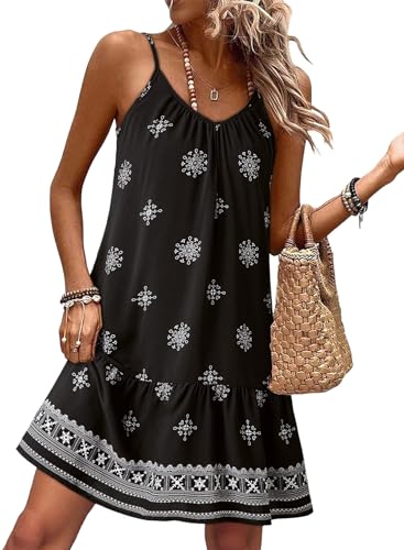 Image of Dokotoo Summer Dresses for Women 2026 Spaghetti Strap Sexy Deep V Neck Smocked Ruffle Flowy Boho Dresses