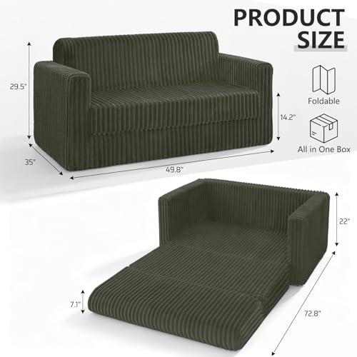 Image of HABUTWAY 49.8 inch Loveseat Boneless Couch, 4-in-1 Convertible Sofa Bed, Plush Fur Folding Futon Sofa Bed Couches Without Pillow for Living Room, High-Density Foam Support, No Assembly Required, Green