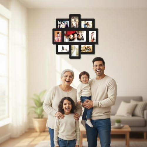 Image of Creative Arts n Frames One Piece Joint less Wooden Multi Picture Collage Photo Frame Home Decor Items Wall Decoration for living room Gift (Photo frame 9 Picture 12x6 Middle 23.5X23.5)