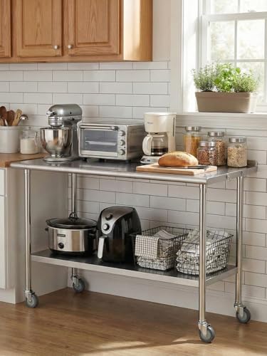 Image of Atelicf All-Stainless Steel Prep Table, 30 x 48 Inch, with Rounded-Corner Backsplash, Casters and Adjustable Undershelf, Heavy-Duty Build for Outdoor Use, Restaurants, Kitchens, Gardens, and Garages