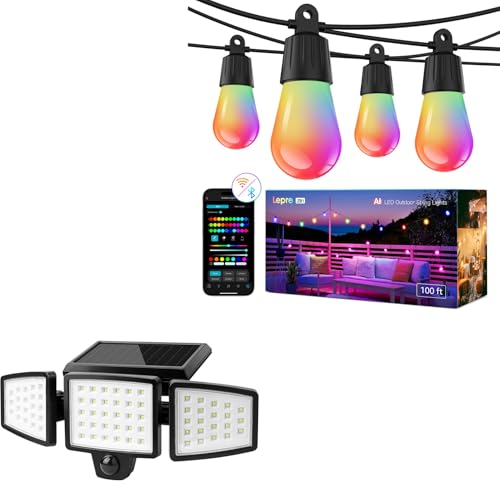 Lepro Bundle - Solar Flood Light 3 Adjustable Heads & AI Smart Outdoor String Lights