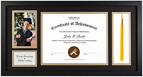 Golden State Art, 11x22 Black Diploma Frame with Tassel Holder for 8.5x11 Diploma and 4x6 Photo with Solid Wood and Tempered Glass, Black Over Gold Mat for Wall, Graduation Keepsakes, 1 Pack