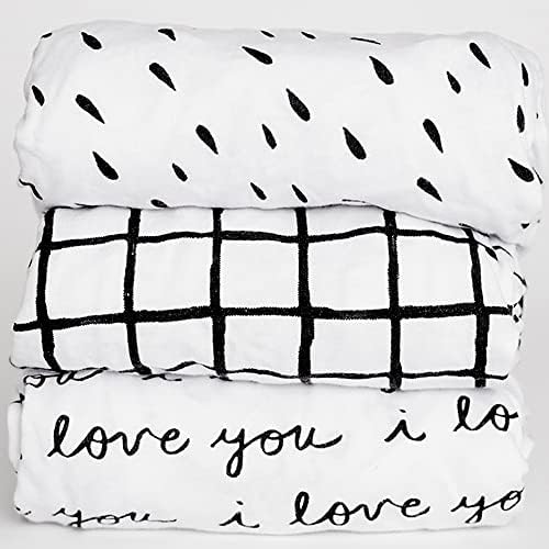 NODNAL CO. 3 Fitted Bassinet Sheets Black/White Set for Baby Girl/Boy - 100% OEKO-TEX Cotton - Gender Neutral I Love You, Plaid & Raindrop - Cradle/Moses Basket Hourglass Oval Rectangle Mattress Sheet
