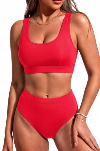 Image of Tempt Me Women Two Piece Scoop Neck Bikini Crop Top High Cut Swimsuit Sporty High Waisted Bathing Suit with Bottoms
