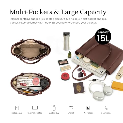 Image of befen Genuine Leather Work Tote Bag for Women with 15 inch Compartment | Real Leather, 15 inch Laptop Sleeve, Trolley Strap, Zipper, Cup Holder