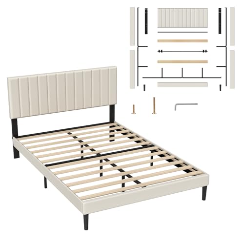 UISEBRT Lit capitonné 140 x 200 cm - Cadre de lit avec boutons - Cadre de lit plateforme avec tête de lit rembourrée en velours - Support à lattes en bois...
