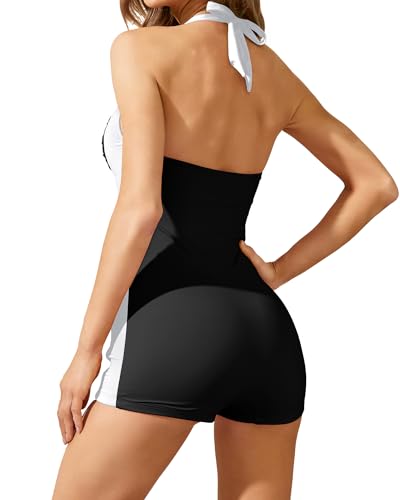 Image of Tempt Me Women Tummy Control One Piece Swimsuits with Shorts Boyleg Retro Bathing Suit Halter Swimwear