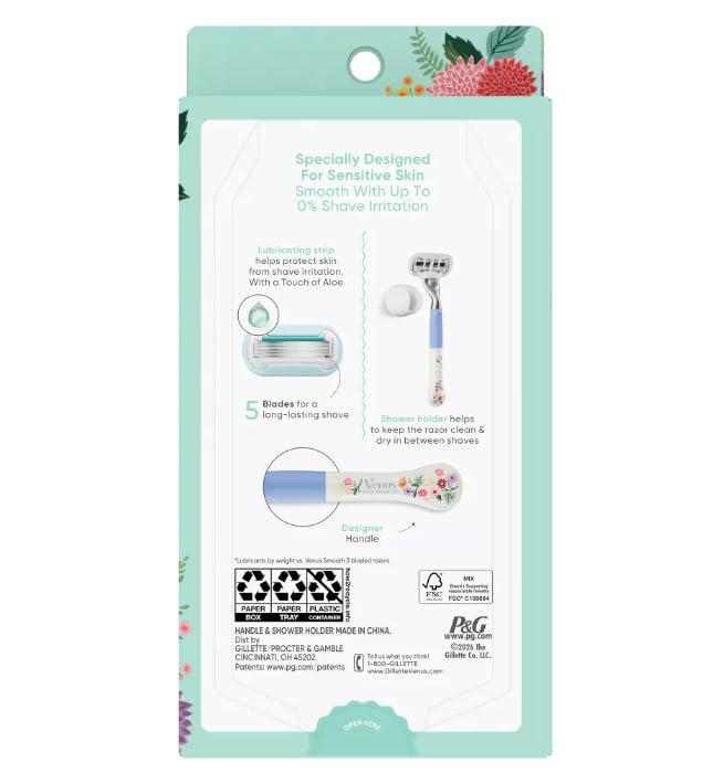 Venus + Rifle Papers Co Extra Smooth Sensitive 5-Blade Women's Razor with 2 Razor Blade Refills and Shower Holder