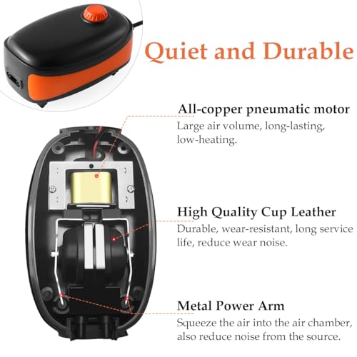 FEDOUR 4W/5W/8W Aquarium Air Pump, 96GPH/160GPH/256GPH Dual Outlets 4 Outlets Oxygen Pump, Ultra Quiet Aquarium Bubbler for up to 300 Gallon Fish and Turtle Tank (5W for up to 200gallon) - Thumbnail 4