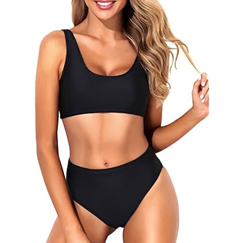 Tempt Me Women Black Two Piece Scoop Neck Bikini Crop Top Swimsuit Sporty High Waisted Bathing Suit Suit S Cover
