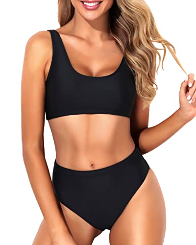 Tempt Me Women Black Two Piece Scoop Neck Bikini Crop Top Swimsuit Sporty High Waisted Bathing Suit Suit M