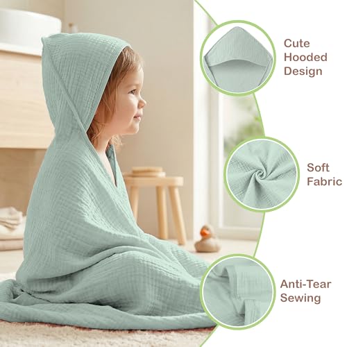 Image of 100% Organic Cotton Muslin Baby Hooded Towel, 32 x 32 in, Green & Mint Green, 2 Pack, Soft Absorbent 4-Layer Hooded Bath Towel for Newborns & Toddlers, Oeko-TEX