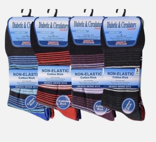 ** 6 PAIRS ** MENS COTTON LOOSE SOFT GRIP TOP COMFORT FIT DIABETIC & CIRULATORY SOCKS (Design 1)