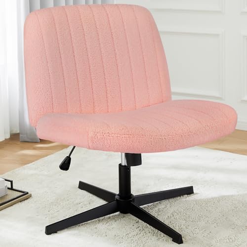 Image of DUMOS Criss Cross Chair No Wheels, Cross Legged Office Desk Armless Vanity Chiar Wide Seat, Height Adjustable Swivel Computer Task Chairs for Home Bedroom, Pink Teddy