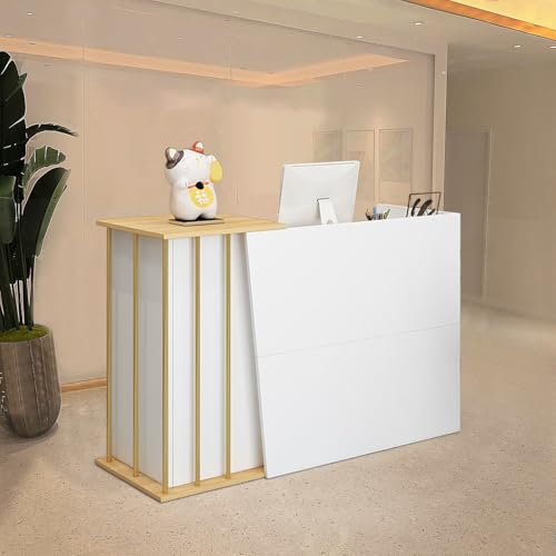 【DESIGN SEMPLICE E LUSSUOSO】Questo banco reception con dettagli oro chiaro offre un’estetica elegante e contemporanea. Ideale come tavolo reception, banco bar o banco reception per ambienti professionali e commerciali.