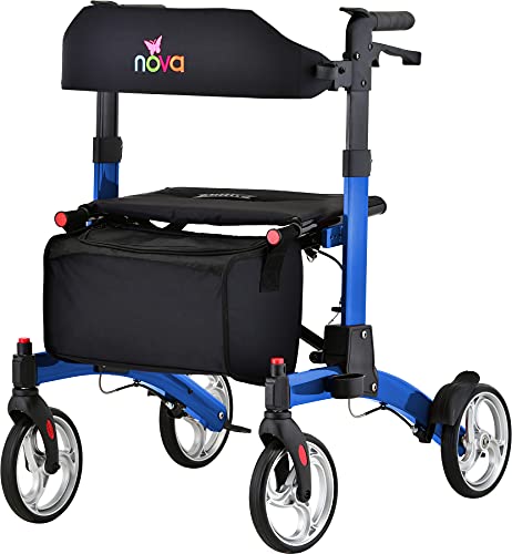 NOVA Medical Products Monarch Adventure Rollator Walker, Large All Terrain 8” Wheels, Ultra Compact & Foldable, Free Standing When Folded, Great for Travel, Comes with Cane Holder, Blue, (4329BL)