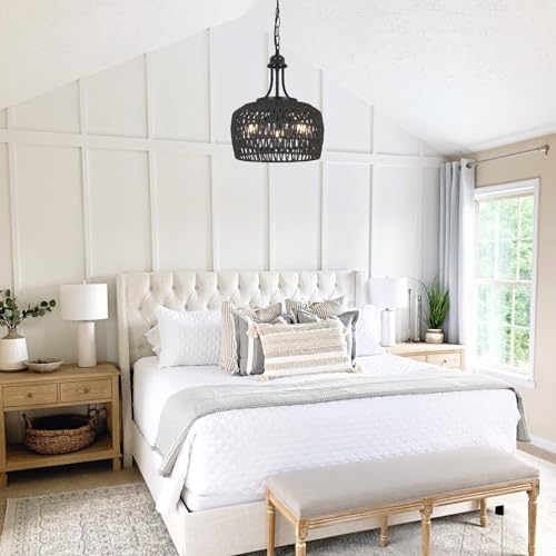 HMVPL Black Rattan Chandelier for Dining Room, 3-Light Boho Light Fixture with Woven Lampshade, Wicker Pendant Light Ceiling Hanging, Farmhouse Kitchen Chandelier for Bedroom Living Room Entryway by HMVPL - Used condition - Image 7