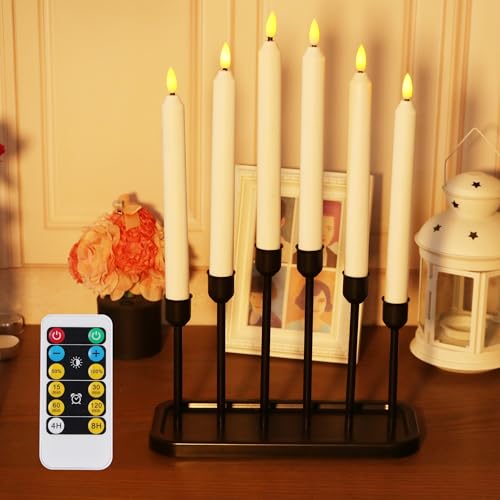 yucanucax Confezione da 6 candele coniche con supporto, candele coniche senza fiamma tremolanti con telecomando, max2500 ore da 2 batterie AA (non incluse), per corridoio, stanza..