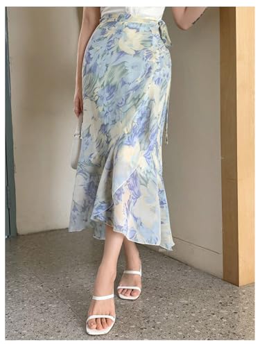 Milumia Women's Boho Floral Wrap Maxi Skirt Tie Knot Ruffle Hem Split Midi Skirt3