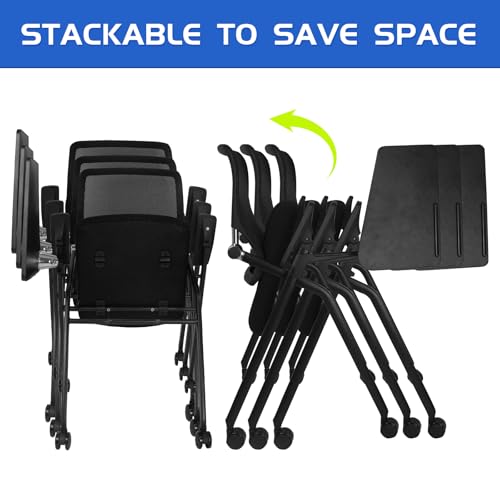 Image of Updated Conference Room Chairs with Tablet Arm, Folding Office Desk Chair with Lumbar Support and Sliding Armrest with Casters, Stackable Office Guest Chairs & Reception Chairs, 1 Pack Black