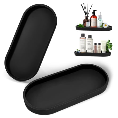 2 Stück Badezimmer Tablett Schwarz Silikon, Deko Tablett für Bad, Dekotablett Oval für Waschbecken, Schminktisch, Badezimmer Deko für Küchenspüle, Schlafzimmer & Badewanne