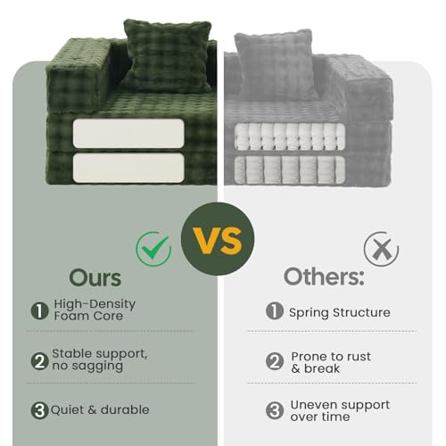 Image of COMAX Futon Sofa Bed, 4‑in‑1 Convertible Sofa Bed, Folding Boneless Couches | Boneless Couch for living room, Fold Out Small Foldable Loveseat Floor Sleeper Mattress Lounge Space‑Saving, Classic Green