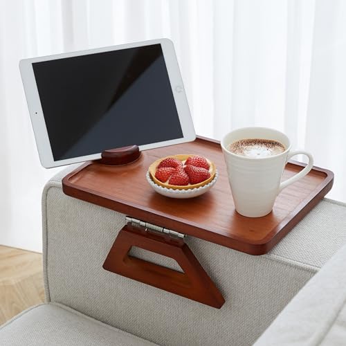 Shamrock Home Mesa de braço de sofá de bambu com suporte de dispositivo, bandeja de encaixe, mesa de sofá para sofás. Bandeja de braço de sofá para jantares de TV, controles remotos, bebidas, lanches