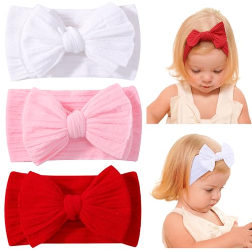 Image of jollybows 3PCS Baby Bows Headbands Soft Nylon Baby Girl Headbands for Newborn Infant Toddler Kids Cute Bow Wide Hairbands Hair Accessories(White+Red+Light Pink)