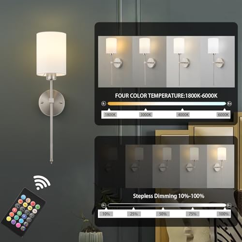 Image of Battery Operated Wall Sconce Set of Two,Wireless Rechargeable Wall Light With Remote Control, Dimmable, 1800K /3000K /4000K /6000K /RGB, Timer, for Living Room, Bedroom, Fireplace, TV, 26.8 Inch, Nickel